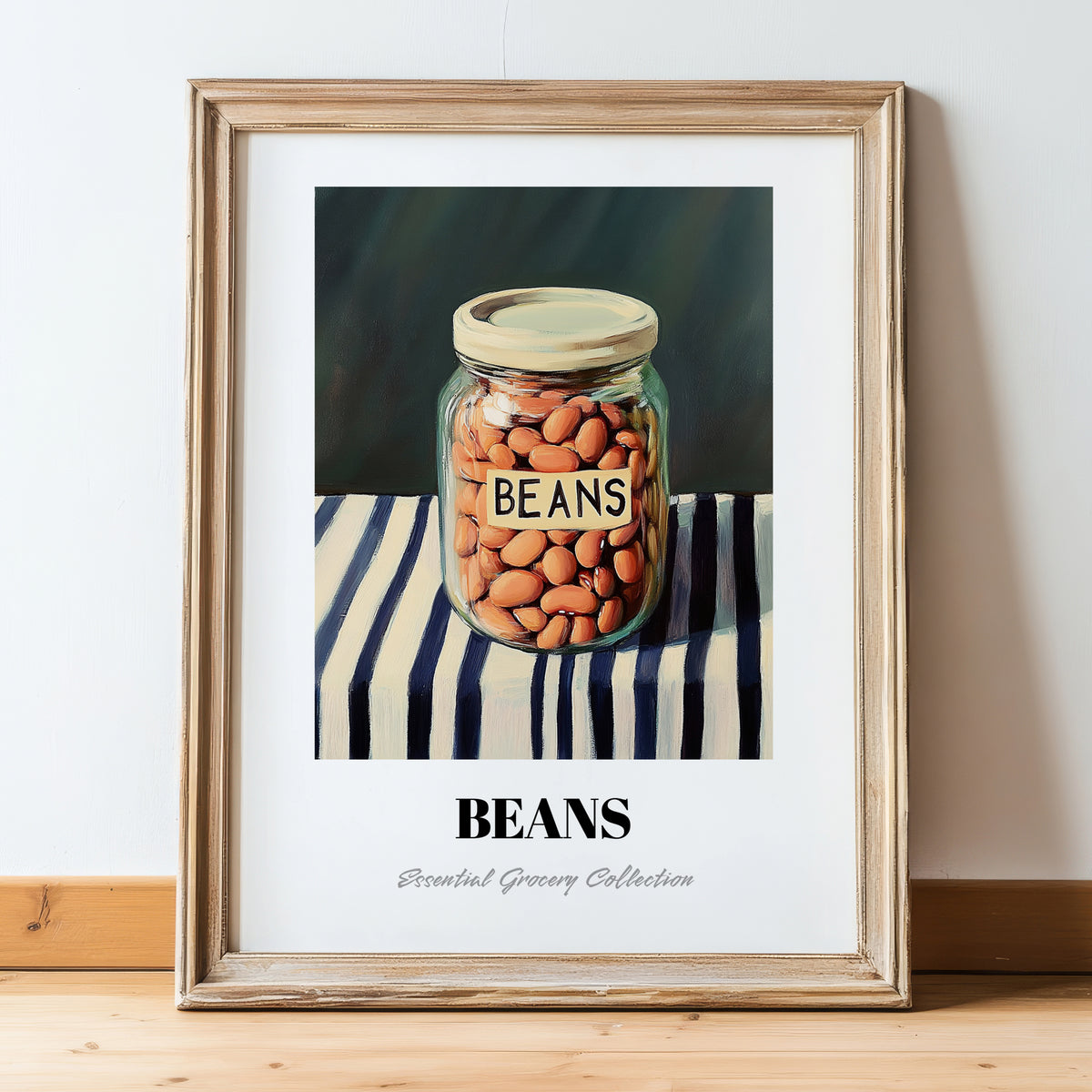Beans – on Striped Tablecloth, Ingredients Corner Wall Decor, in wooden frame leaning on the floor