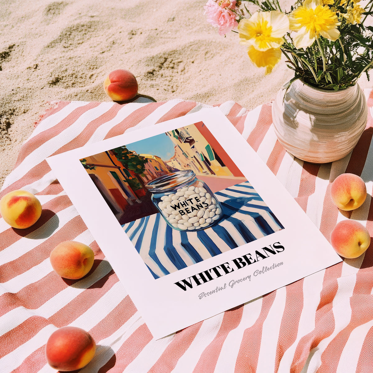 White Beans – Italian Outdoor Café Scene, Food Shelf Wall Decor, unframed on coastal sand