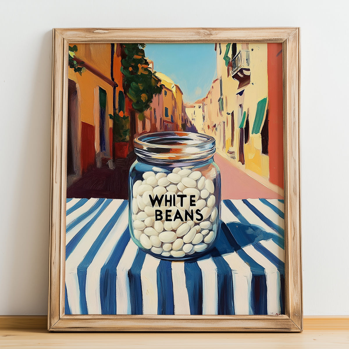 White Beans – Italian Outdoor Café Scene, Food Shelf Wall Decor, no-text version framed in wood