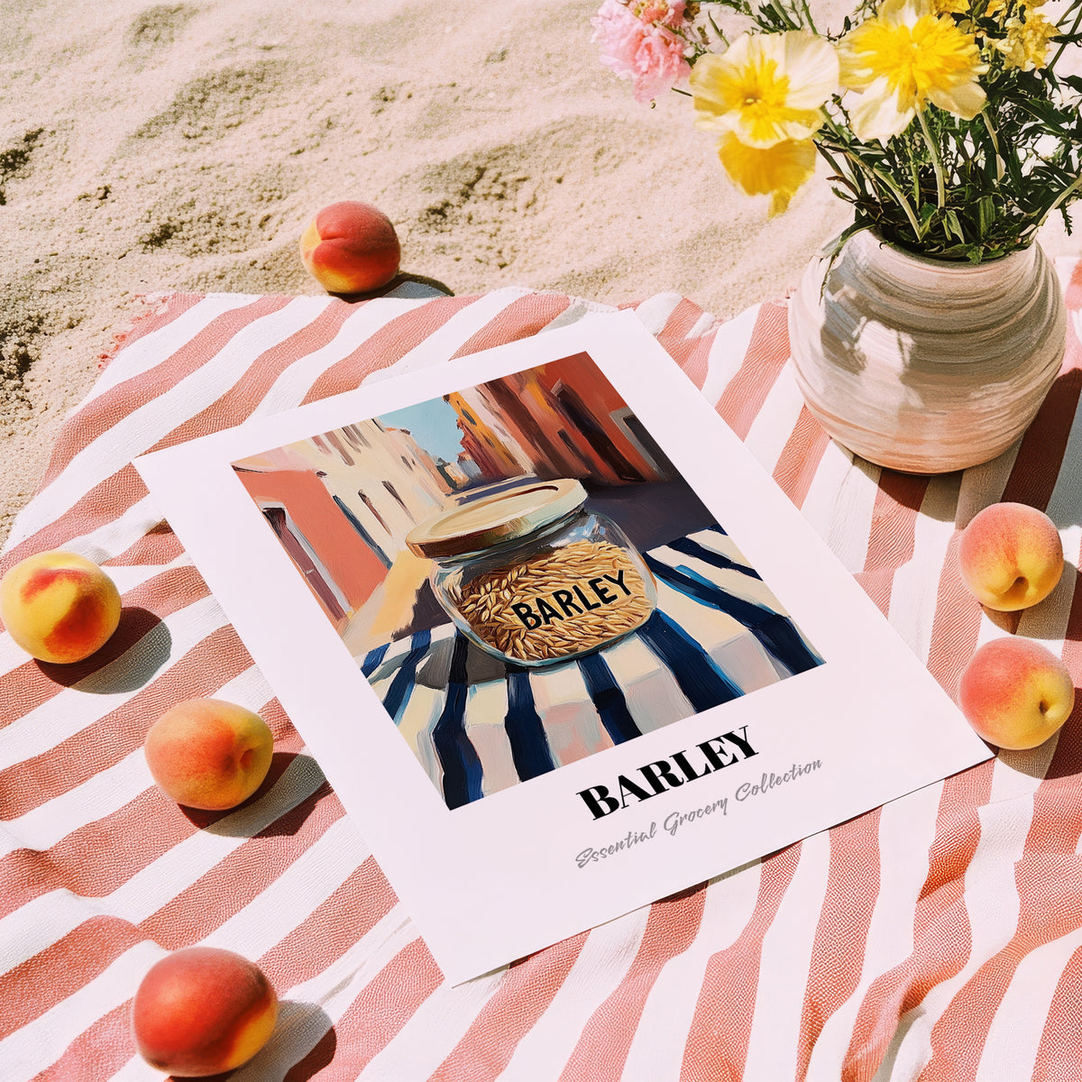 Barley – Italian Outdoor Café Scene, Ingredients Corner Still Life, unframed on coastal sand