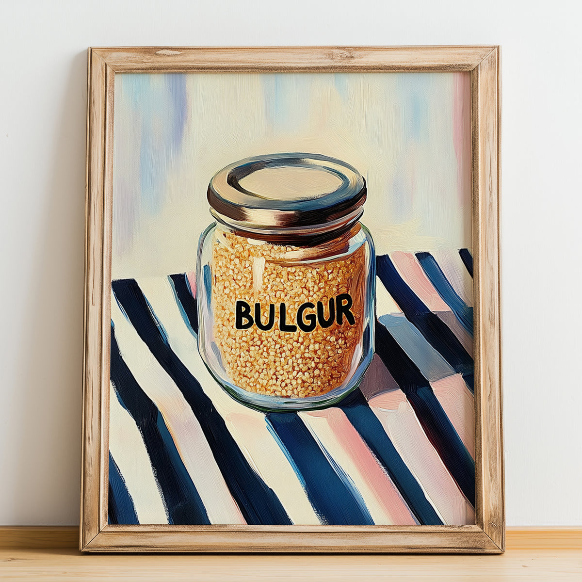 Bulgur – on Striped Tablecloth, Larder Wall Decor, no-text version framed in wood