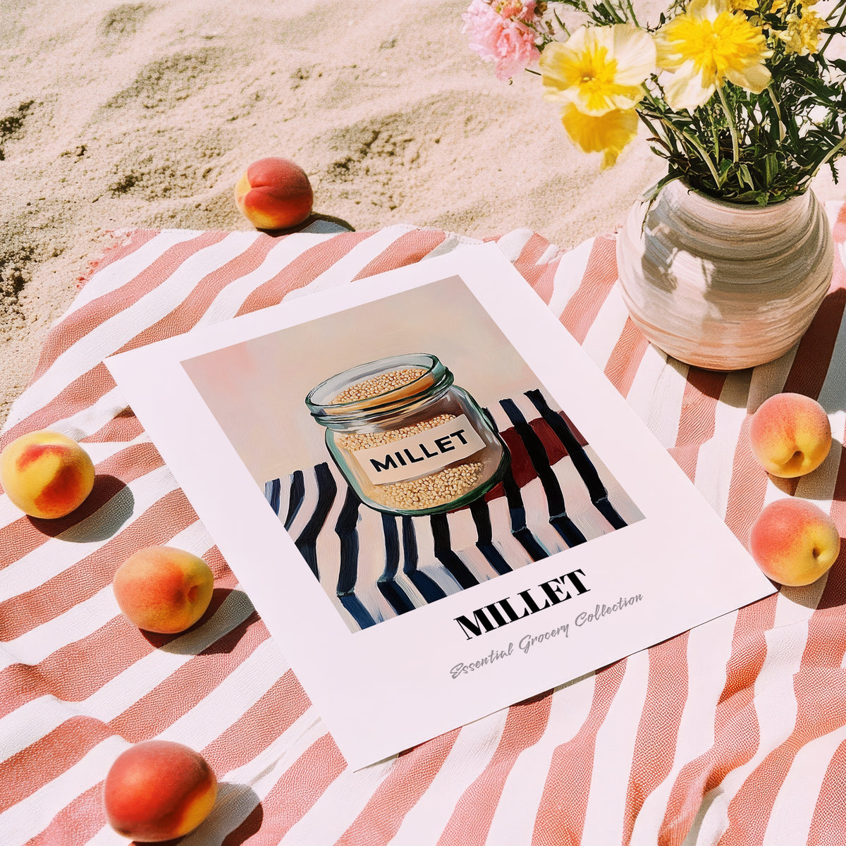 Millet – on Striped Tablecloth, Pantry Painting, unframed on coastal sand