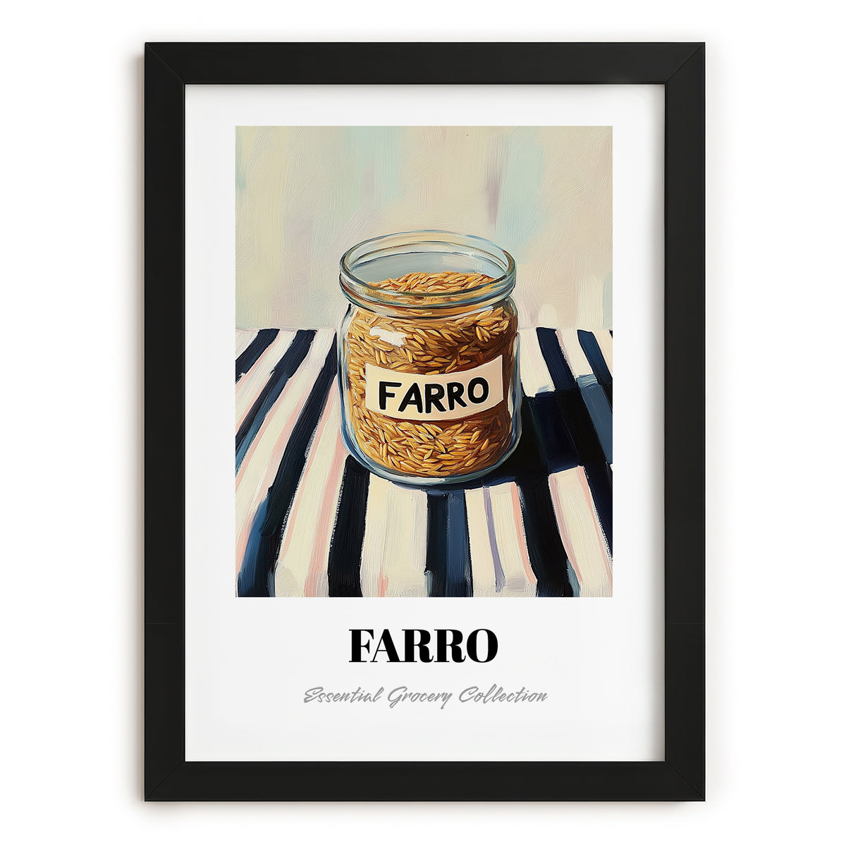 Farro – on Striped Tablecloth, Pantry Wall Decor, in sleek black frame