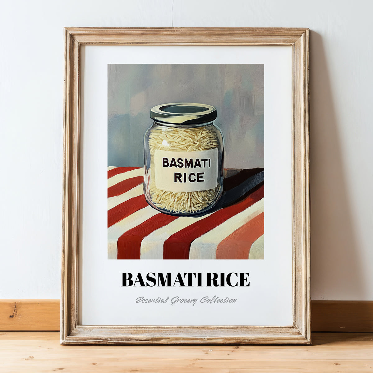 Basmati Rice – on Striped Tablecloth, Shelf Stock Wall Decor, in wooden frame leaning on the floor