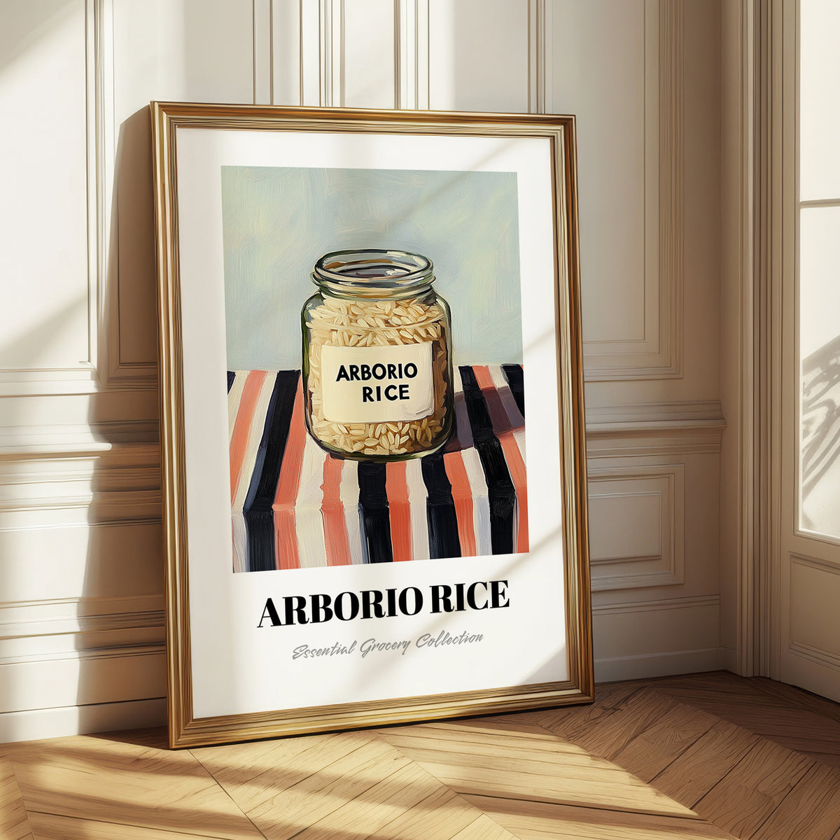 Arborio Rice – on Striped Tablecloth, Grocery Still Life