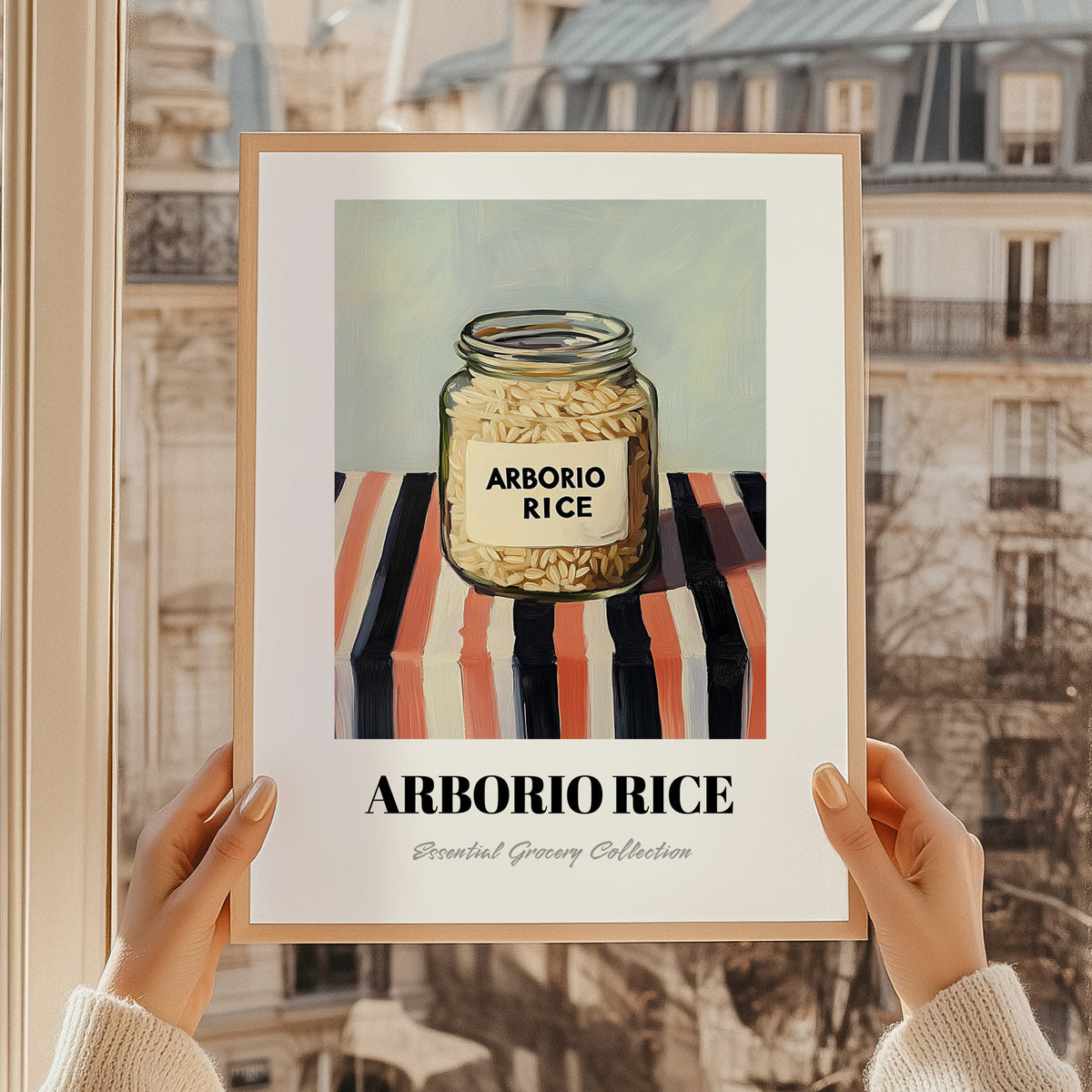 Arborio Rice – on Striped Tablecloth, Grocery Still Life, styled in a charming Paris street view