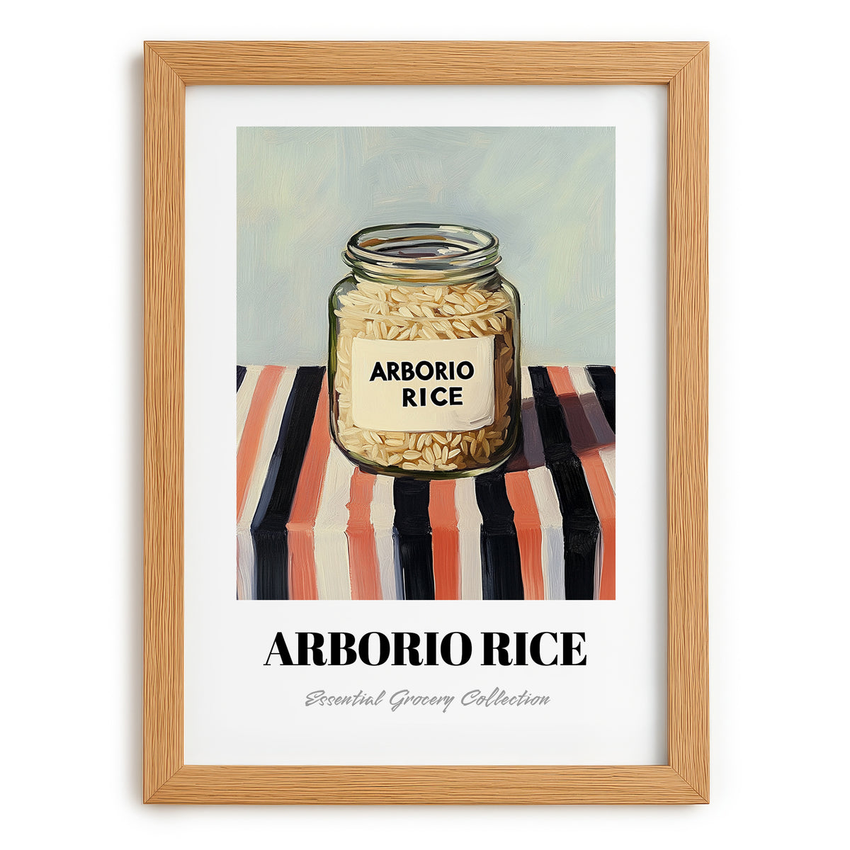 Arborio Rice – on Striped Tablecloth, Grocery Still Life, set in oak frame