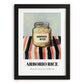 Arborio Rice – on Striped Tablecloth, Grocery Still Life, in sleek black frame