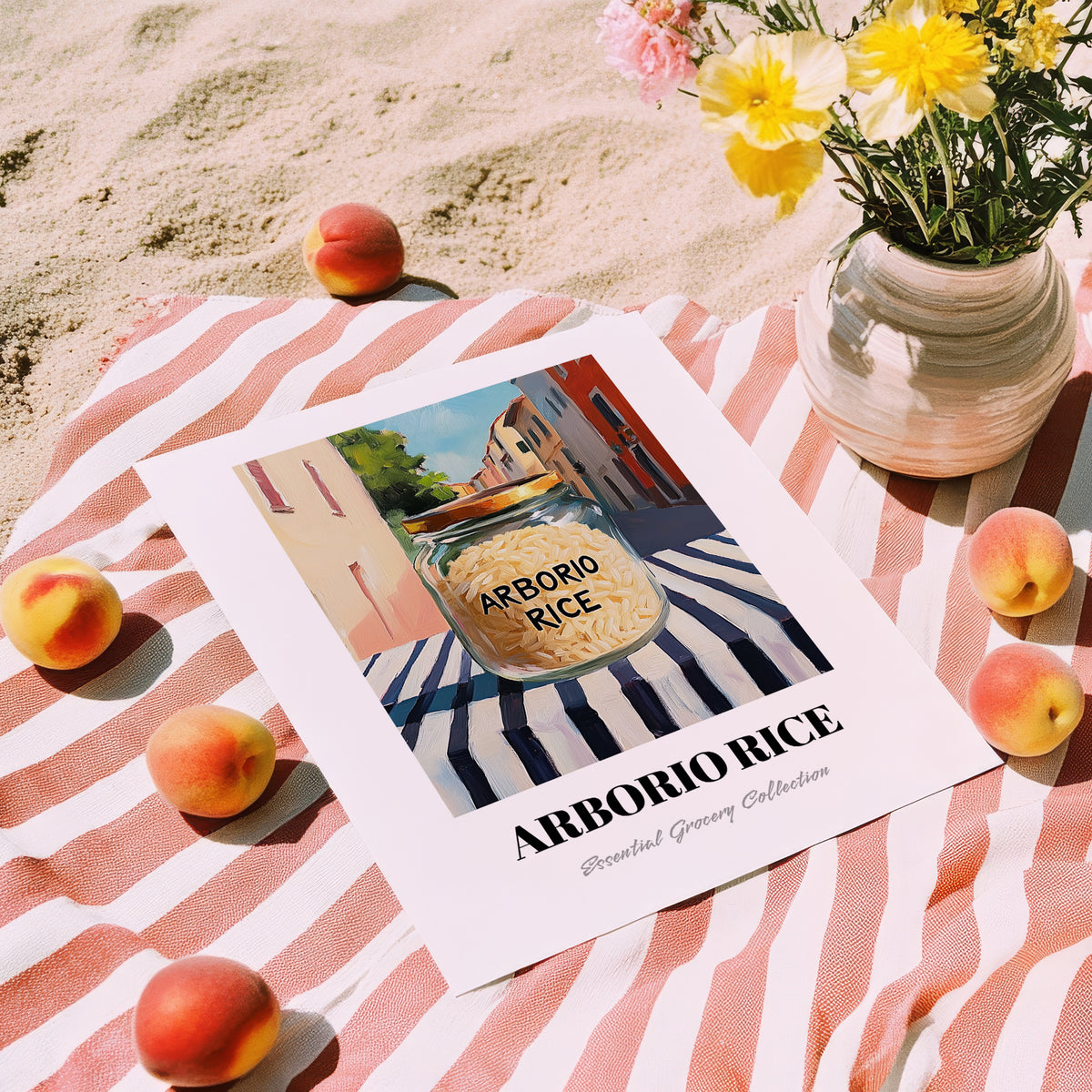 Arborio Rice – Italian Outdoor Café Scene, Kitchen Storage Poster, unframed on coastal sand