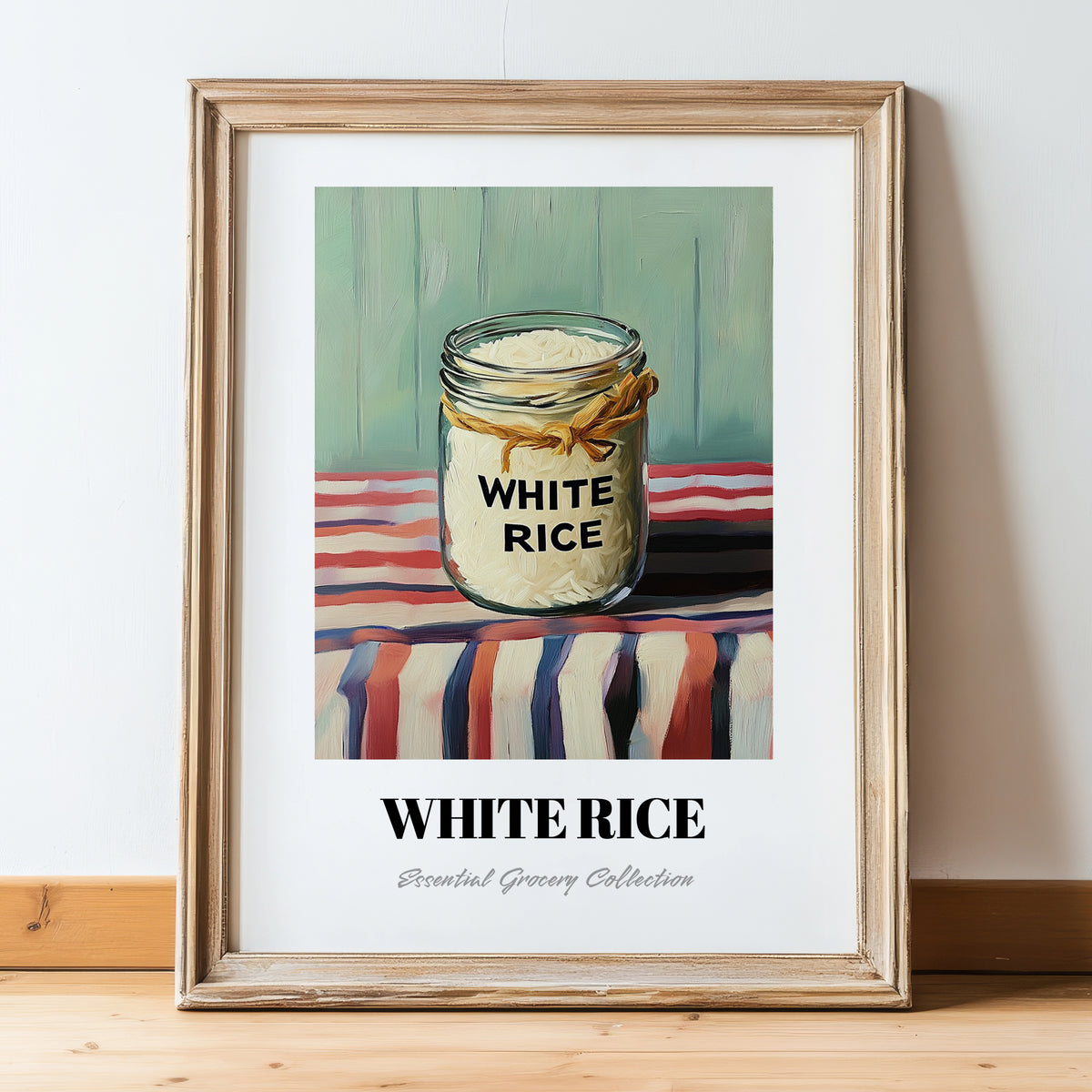 White Rice – on Striped Tablecloth, Food Stash Art, in wooden frame leaning on the floor