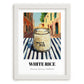 White Rice – Italian Street Café Scene, Shelf Stock Painting, placed in minimal white frame