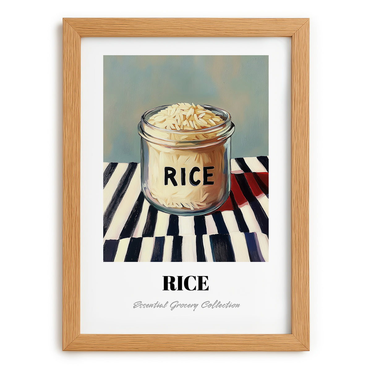 Rice – on Striped Tablecloth, Kitchen Storage Wall Decor, set in oak frame