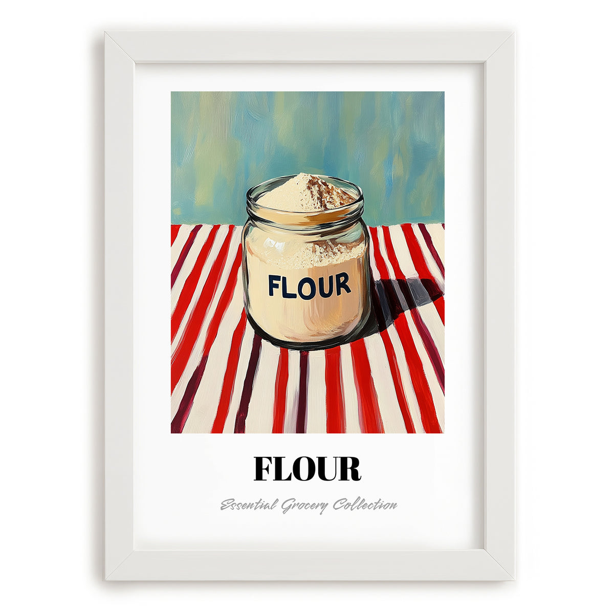 Flour – on Striped Tablecloth, Dough Poster, placed in minimal white frame