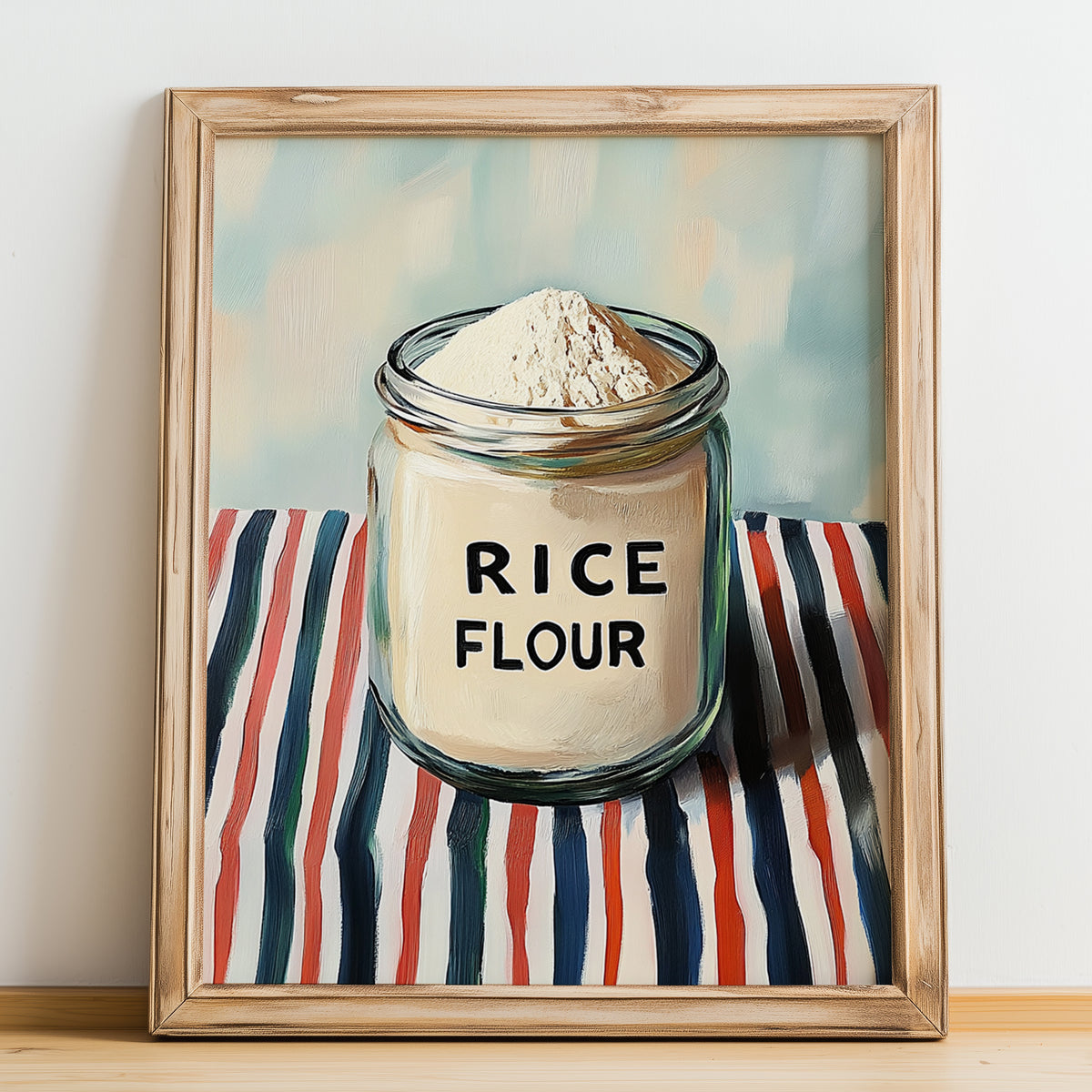 Rice Flour – on Striped Tablecloth, Dough Still Life, no-text version framed in wood