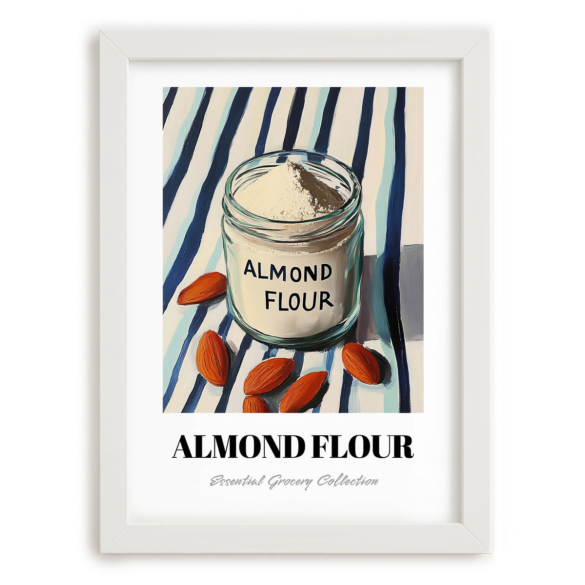 Almond Flour – on Striped Tablecloth, Dough Still Life, placed in minimal white frame