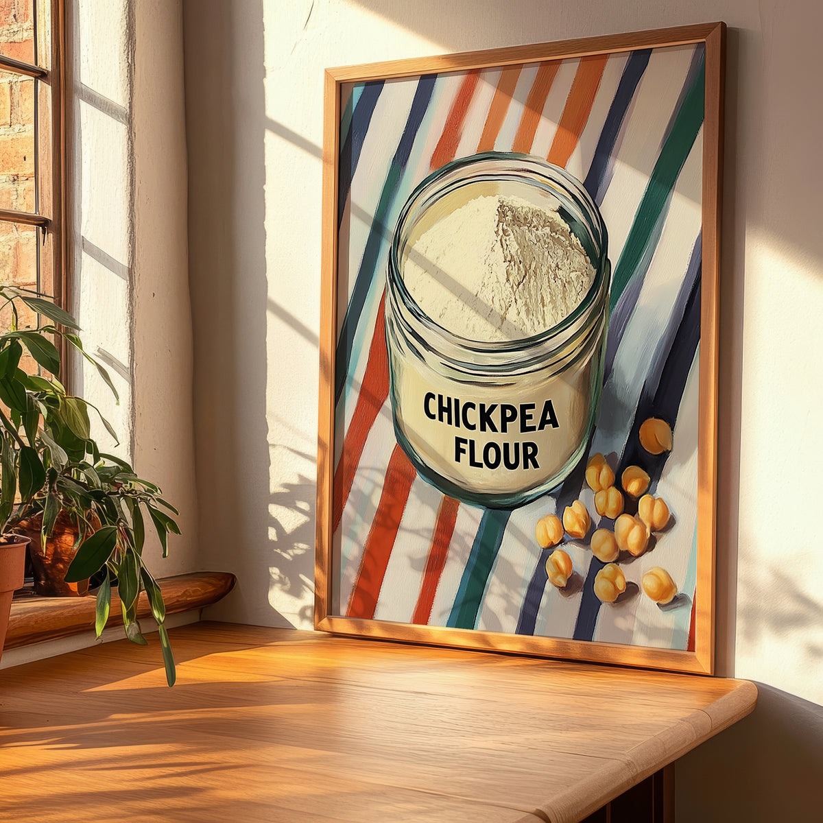 Chickpea Flour – on Striped Tablecloth, Dough Still Life, clean layout with no caption