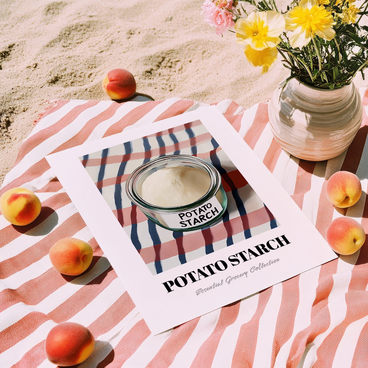 Potato Starch – on Striped Tablecloth, Sweetener Painting, unframed on coastal sand
