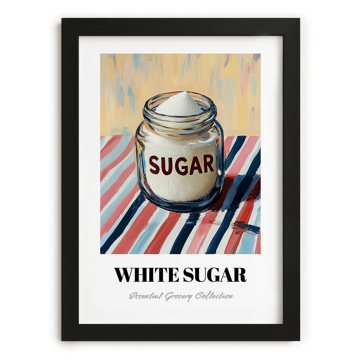 White Sugar – on Striped Tablecloth, Sweetener Still Life, in sleek black frame