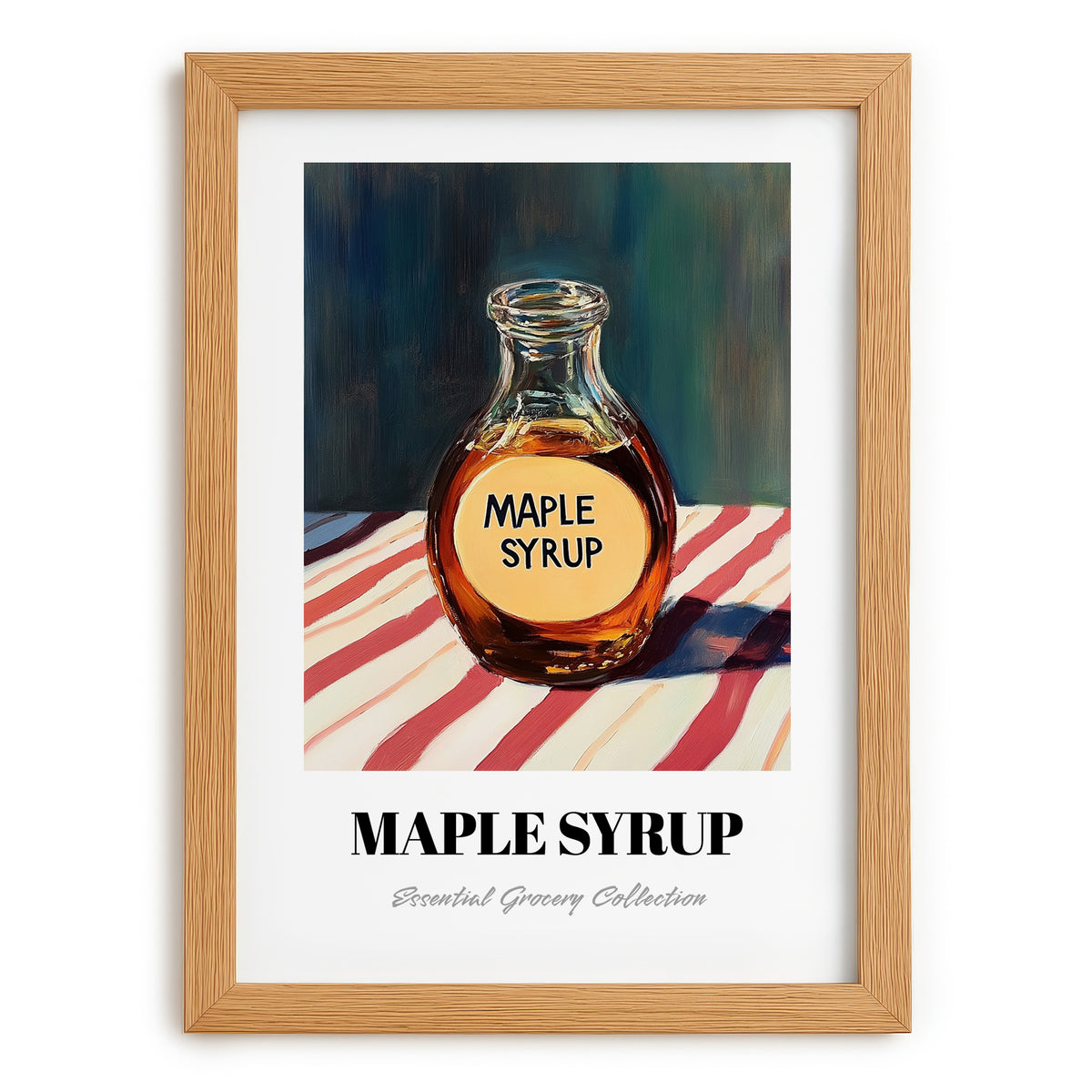Maple Syrup – on Striped Tablecloth, Sweetener Wall Illustration, set in oak frame