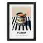 Salmon – on Striped Tablecloth, Canned Food Illustration, in sleek black frame