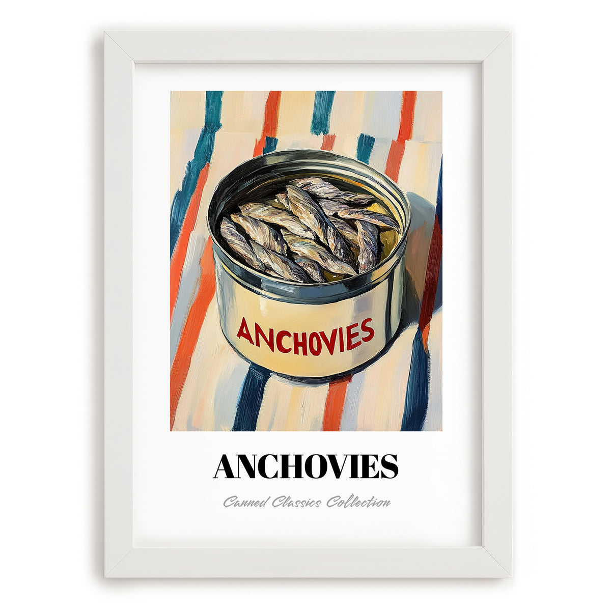 Anchovies – on Striped Tablecloth, Canned Food Illustration, placed in minimal white frame