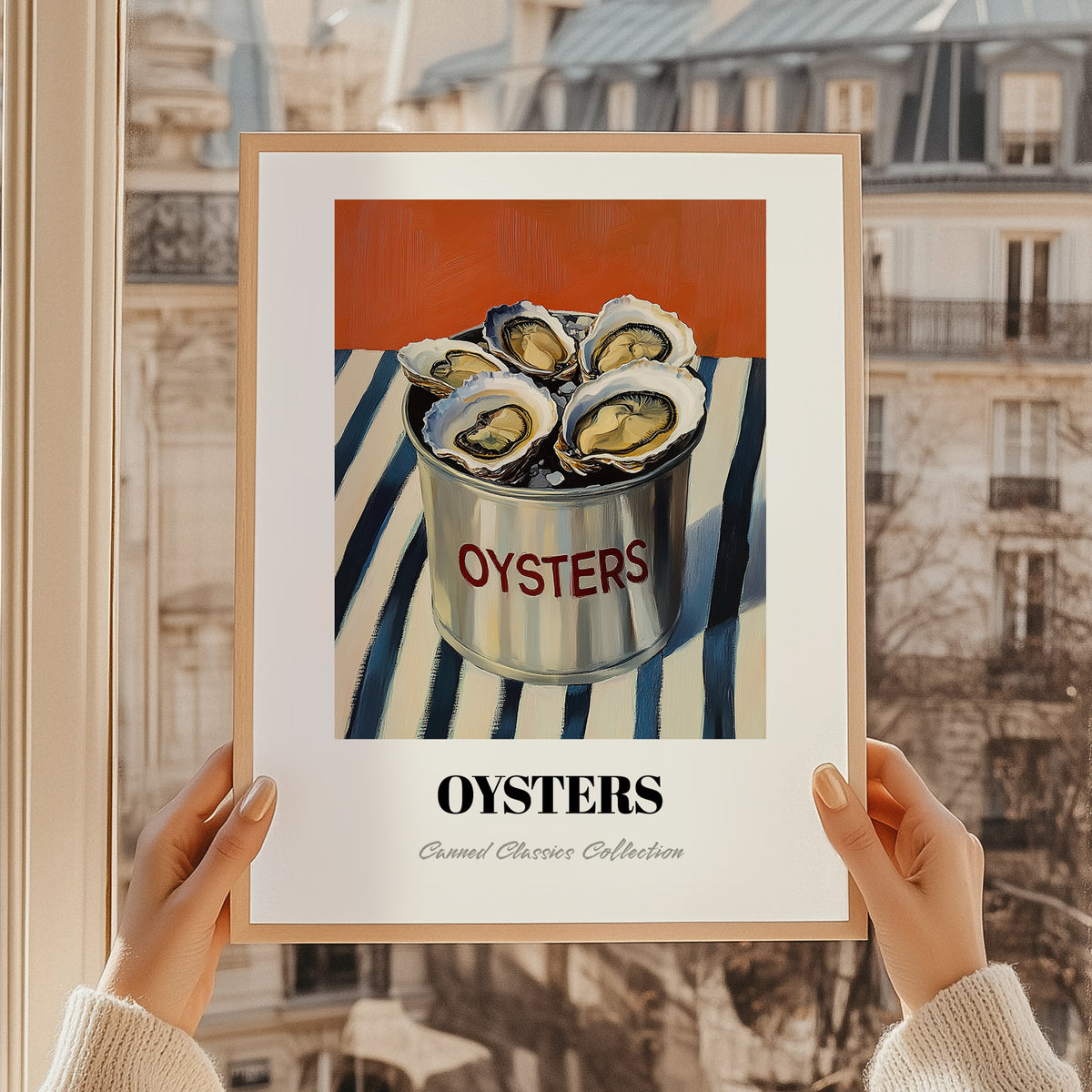 Oysters – on Striped Tablecloth, Canned Food Wall Illustration, styled in a charming Paris street view
