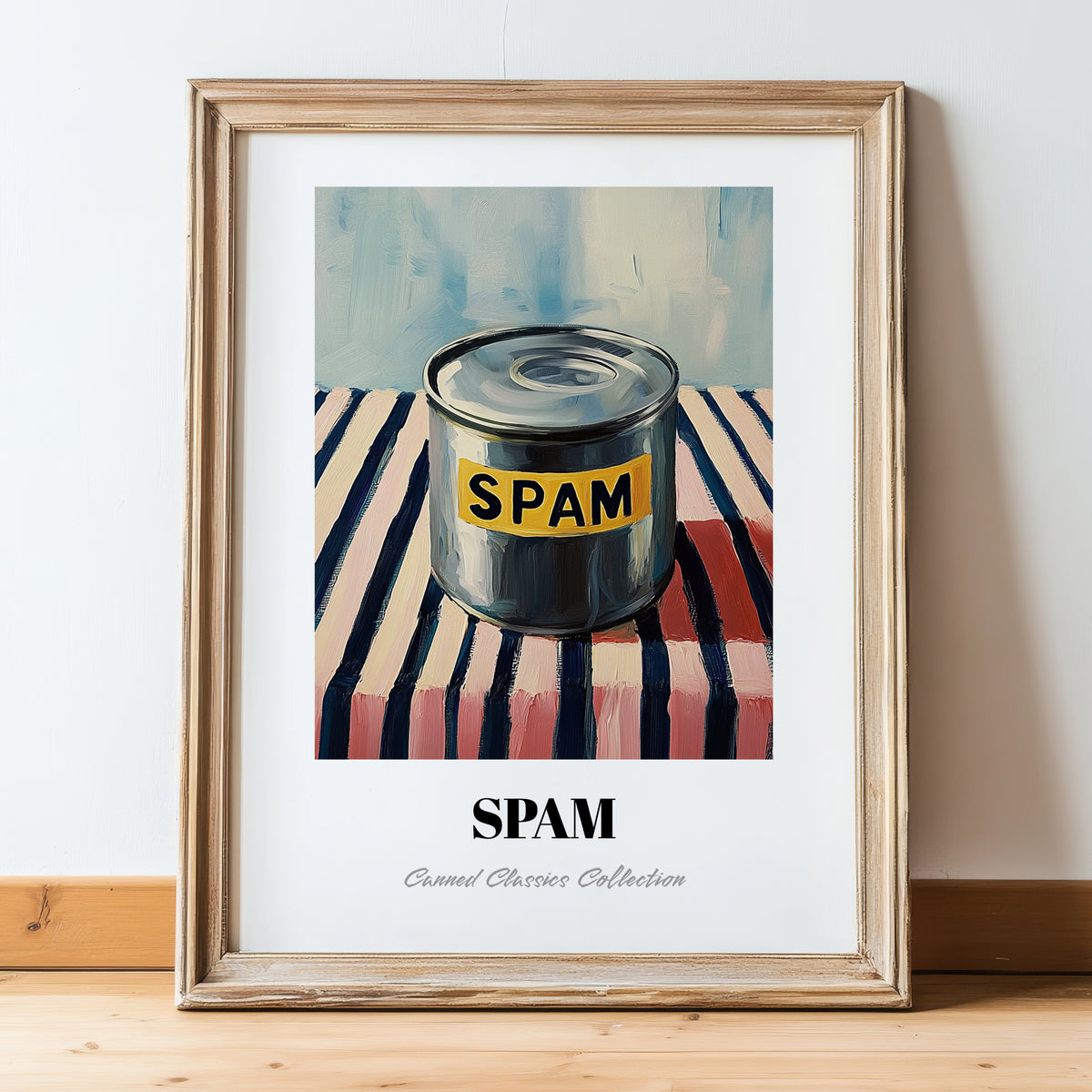 Spam – on Striped Tablecloth, Canned Food Painting, in wooden frame leaning on the floor