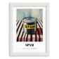 Spam – on Striped Tablecloth, Canned Food Painting, placed in minimal white frame