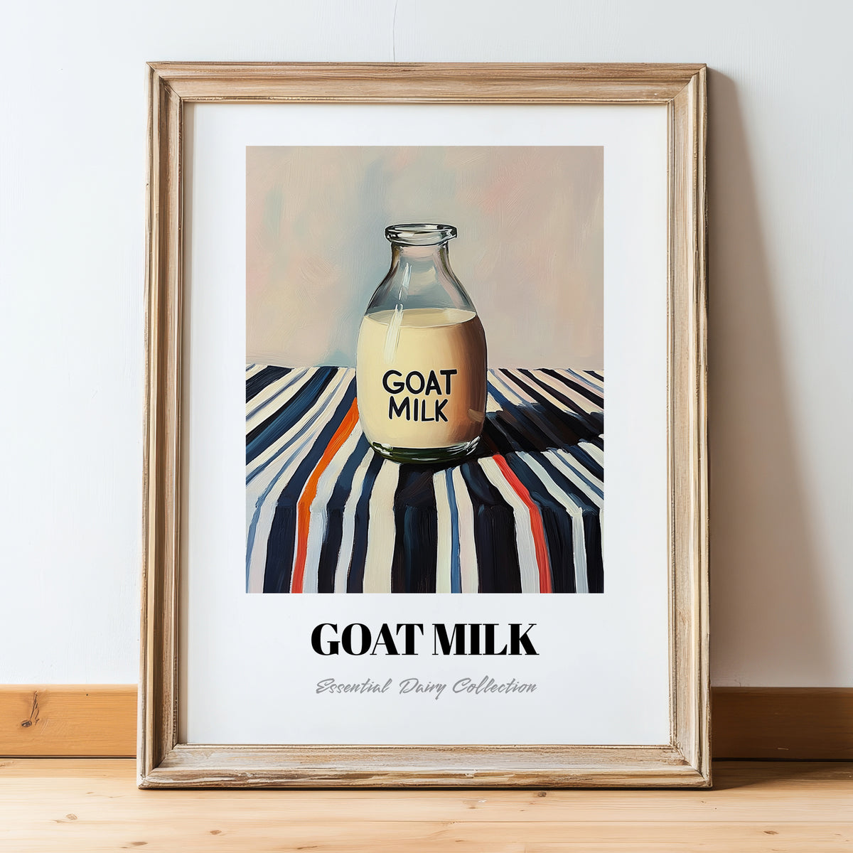 Goat Milk – on Striped Tablecloth, Dairy Art, in wooden frame leaning on the floor