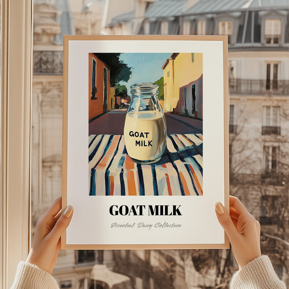 Goat Milk – Italian Outdoor Café Scene, Dairy Painting, styled in a charming Paris street view