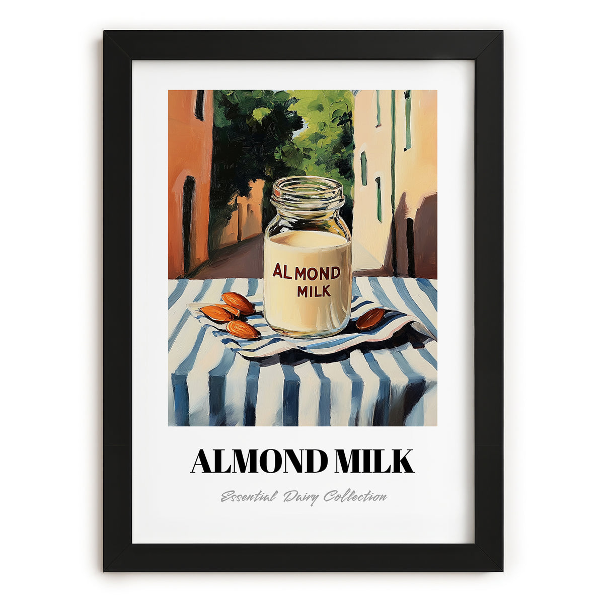 Almond Milk – Italian Outdoor Café Scene, Dairy Wall Decor, in sleek black frame