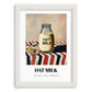 Oat Milk – on Striped Tablecloth, Dairy Poster, placed in minimal white frame