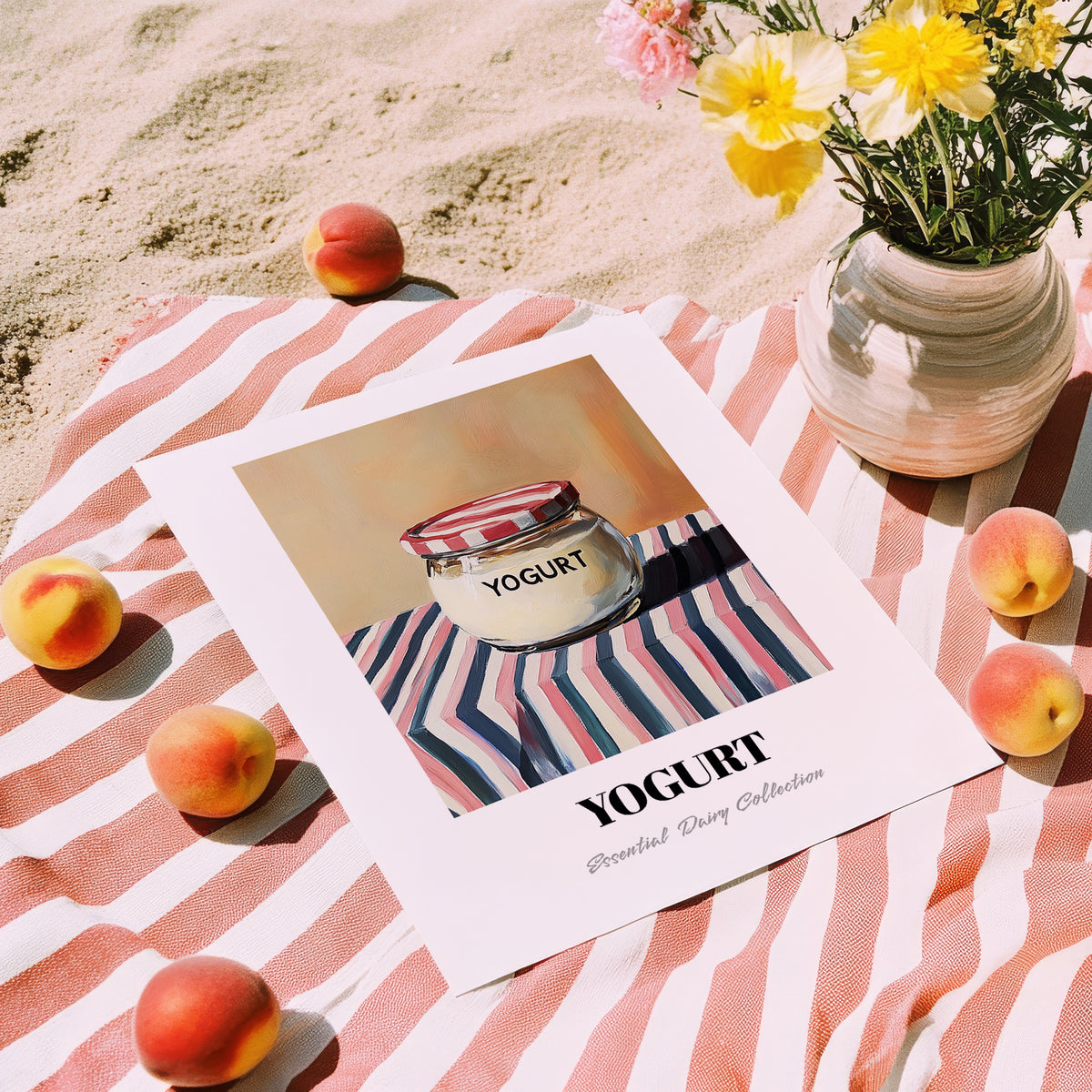 Yogurt – on Striped Tablecloth, Dairy Illustration, unframed on coastal sand