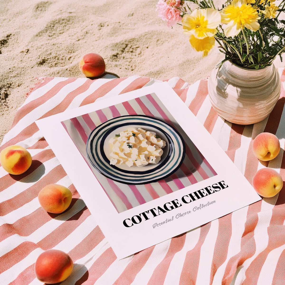 Cottage – on Striped Tablecloth, Cheese Wall Decor, unframed on coastal sand