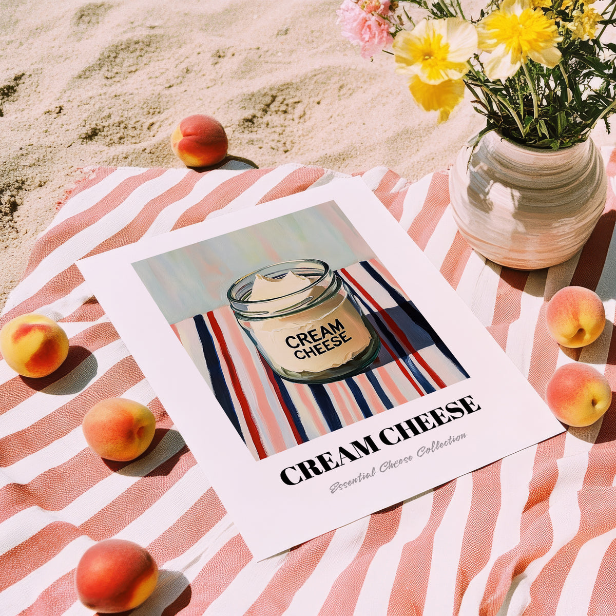 Cream – on Striped Tablecloth, Cheese Print, unframed on coastal sand