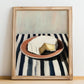 Brie – on Striped Tablecloth, Cheese Illustration, no-text version framed in wood