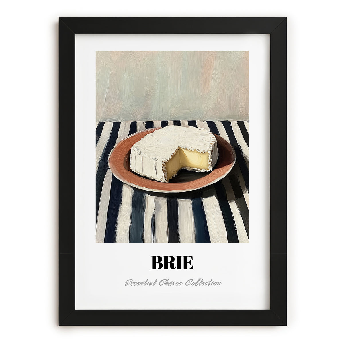 Brie – on Striped Tablecloth, Cheese Illustration, in sleek black frame