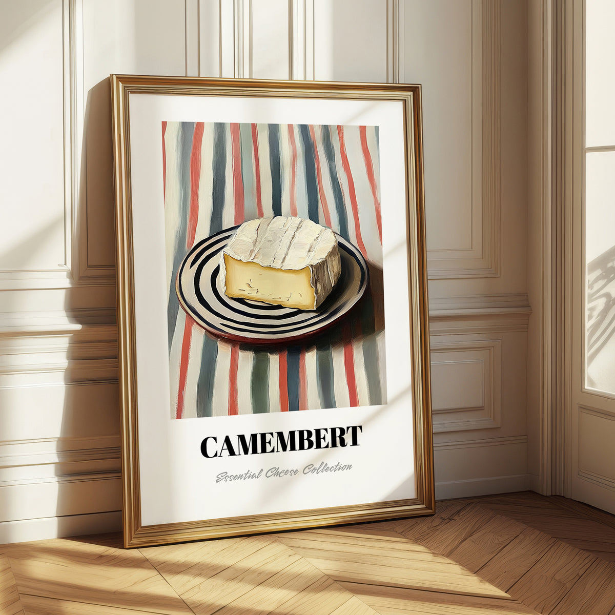 Camembert – on Striped Tablecloth, Cheese Painting