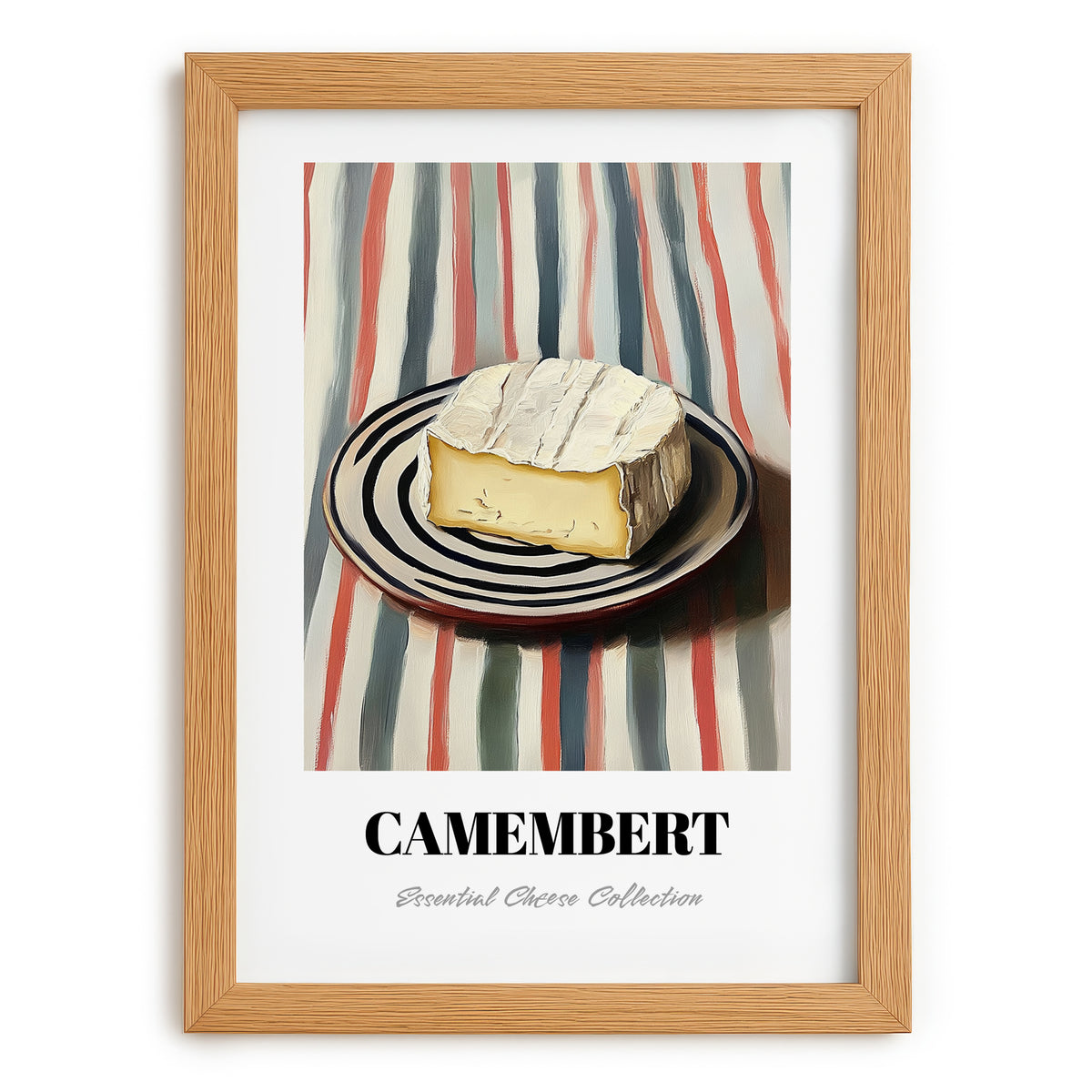 Camembert – on Striped Tablecloth, Cheese Painting, set in oak frame