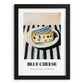 Blue – on Striped Tablecloth, Cheese Poster, in sleek black frame