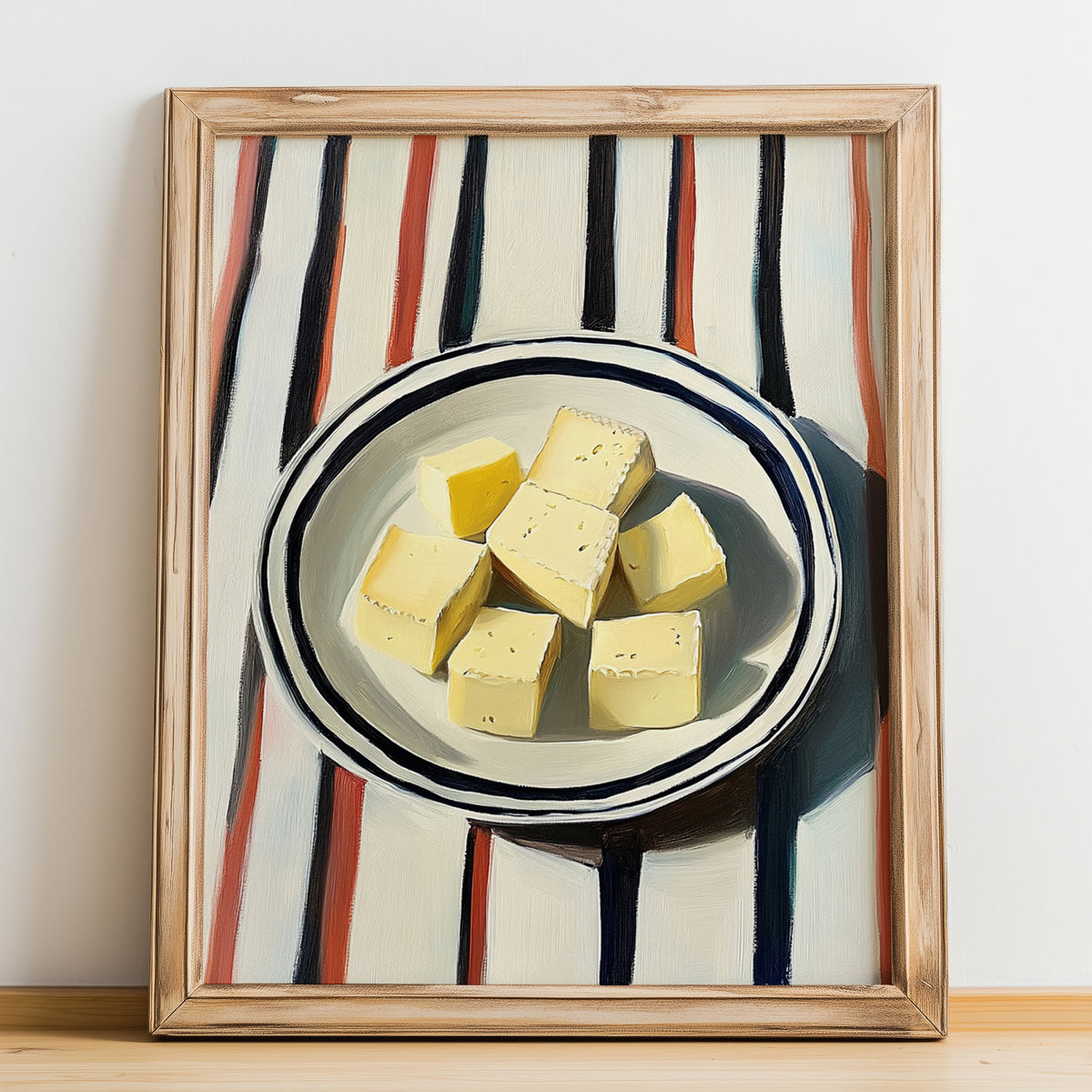 Vegan – on Striped Tablecloth, Cheese Poster, no-text version framed in wood