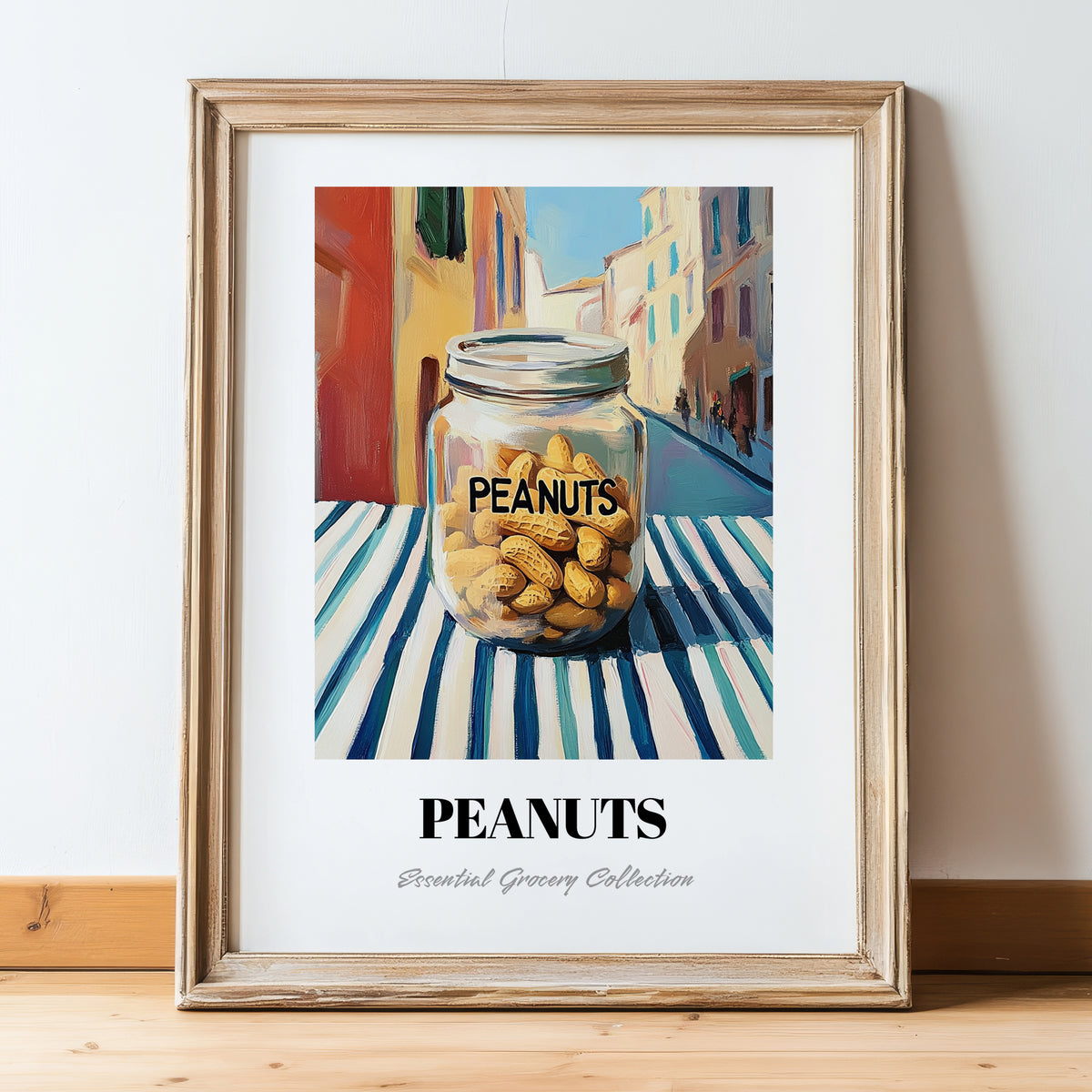 Peanuts – Italian Café on the Corner, Nuts Illustration, in wooden frame leaning on the floor
