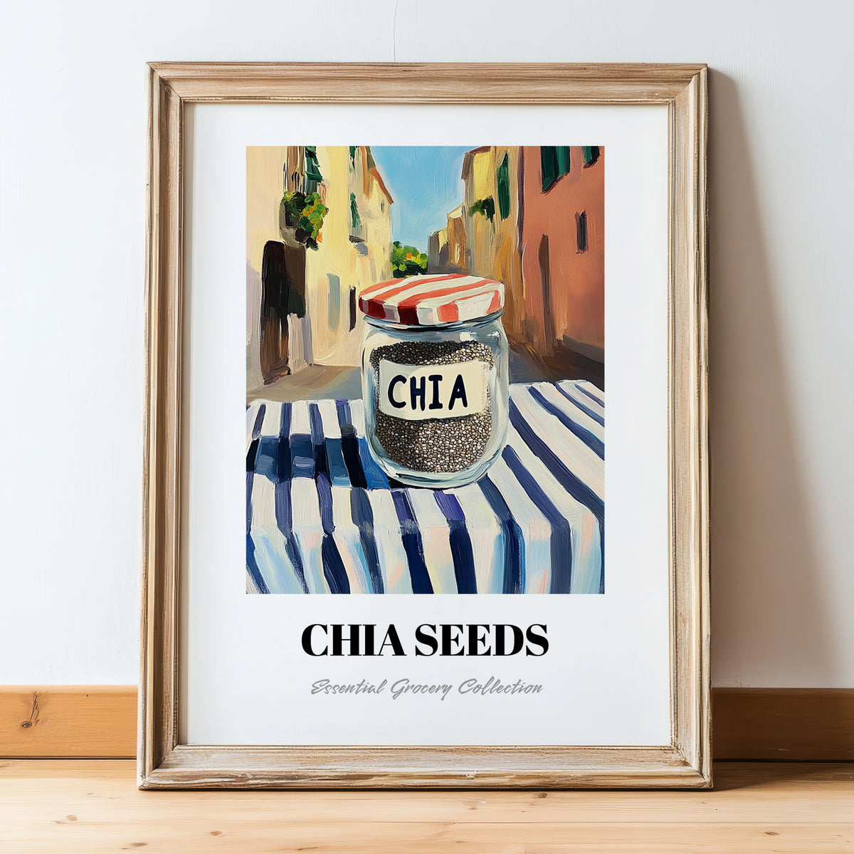 Chia Seeds – Italian Street Café Scene, Nuts Poster, in wooden frame leaning on the floor