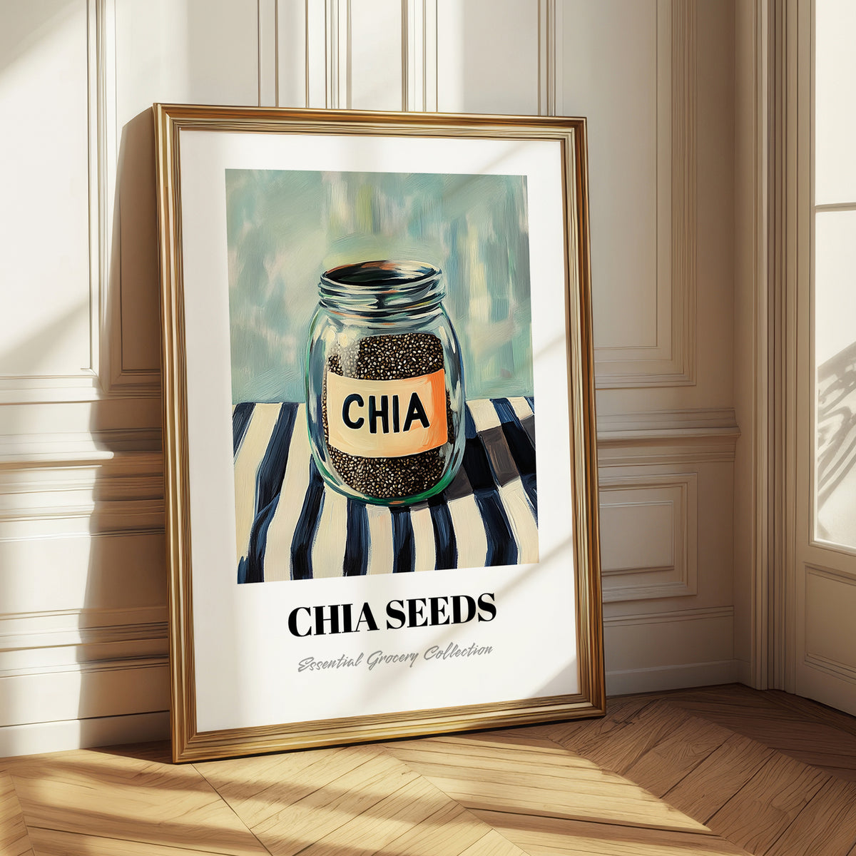Chia Seeds – on Striped Tablecloth, Nuts Wall Decor