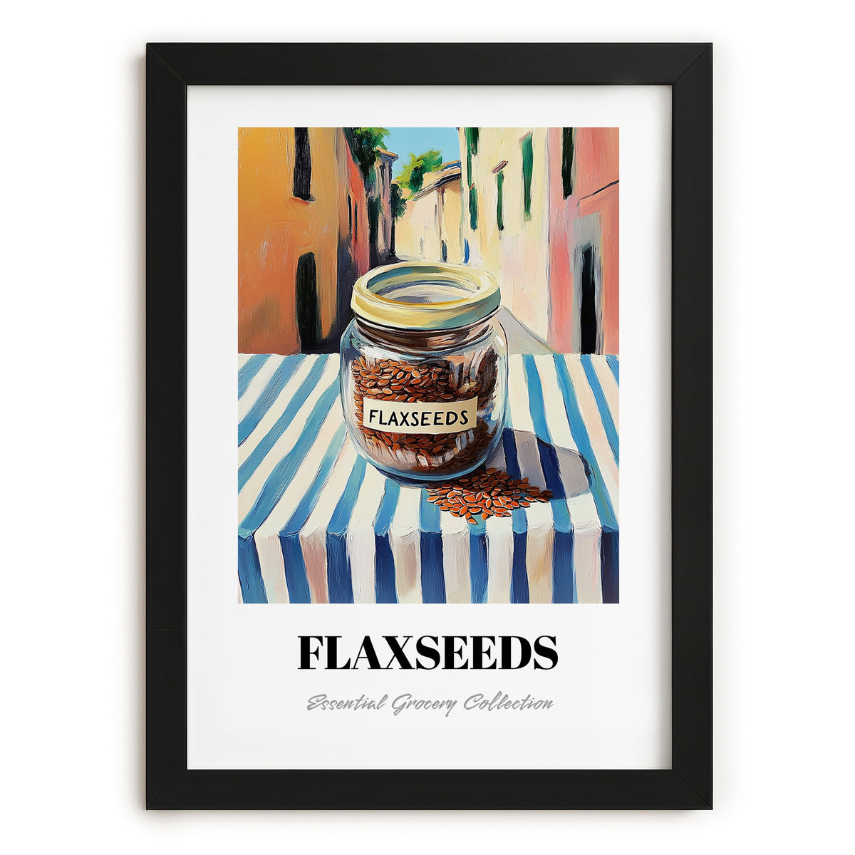 Flaxseeds – Italian Outdoor Café Scene, Nuts Art, in sleek black frame