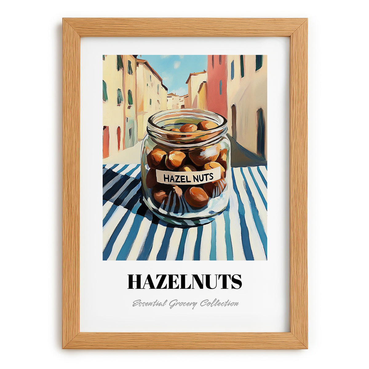 Hazelnuts – Italian Café on the Corner, Nuts Print, set in oak frame