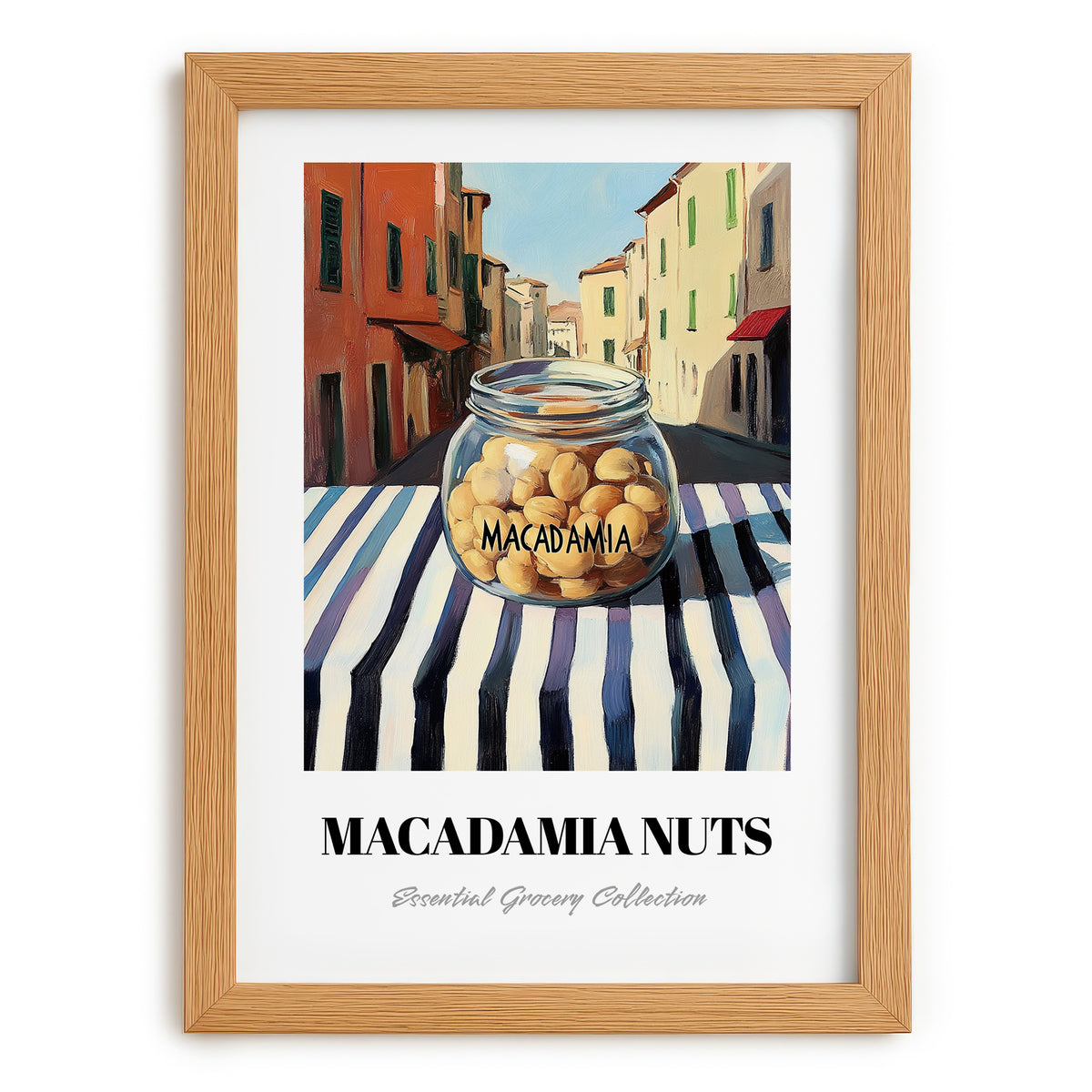 Macadamia – Italian Outdoor Café Scene, Nuts Wall Art, set in oak frame