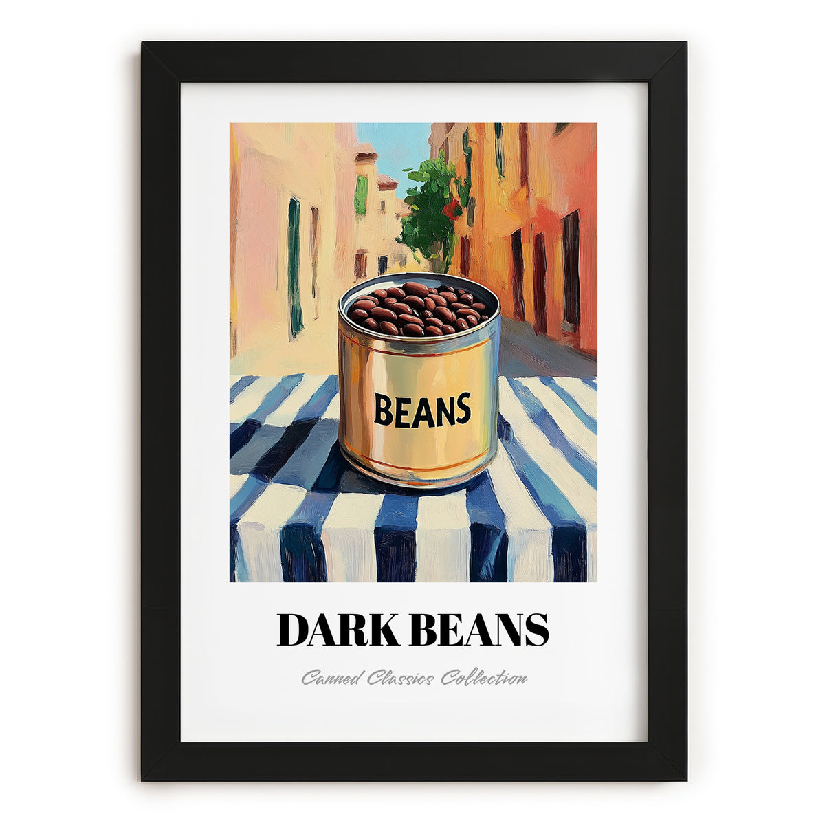Dark Beans – Italian Urban Café Scene, Canned Vegetables Painting, in sleek black frame
