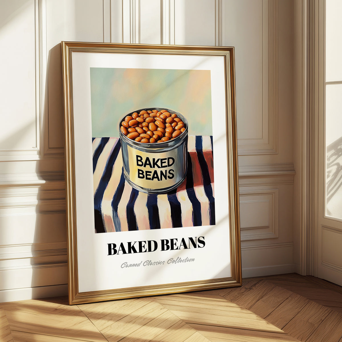 Baked Beans – on Striped Tablecloth, Canned Vegetables Illustration