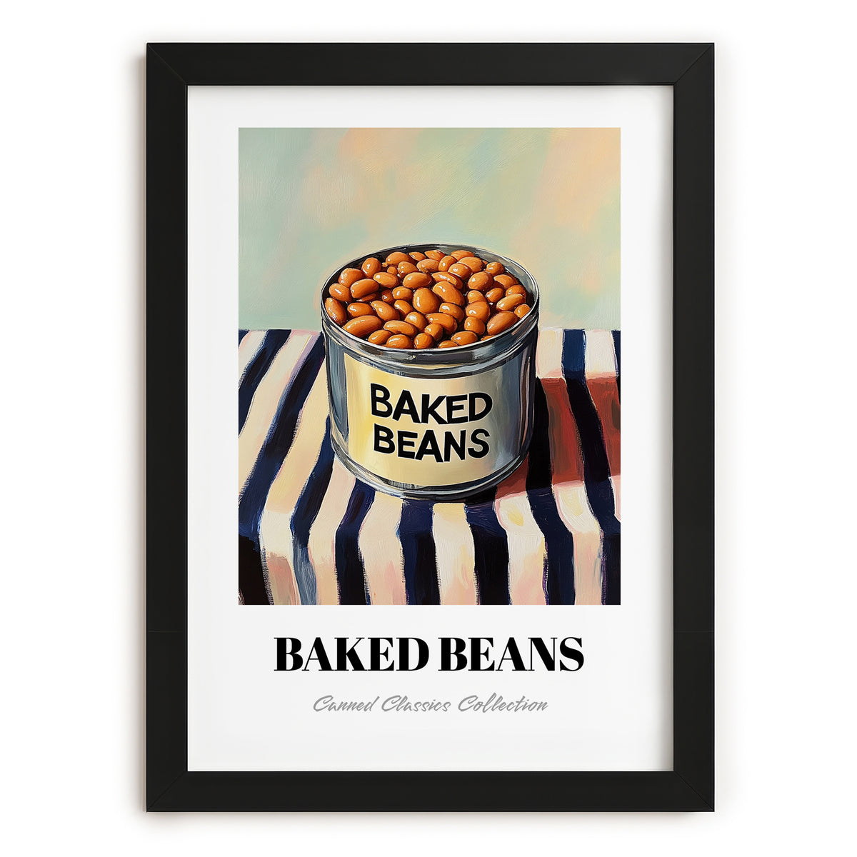 Baked Beans – on Striped Tablecloth, Canned Vegetables Illustration, in sleek black frame
